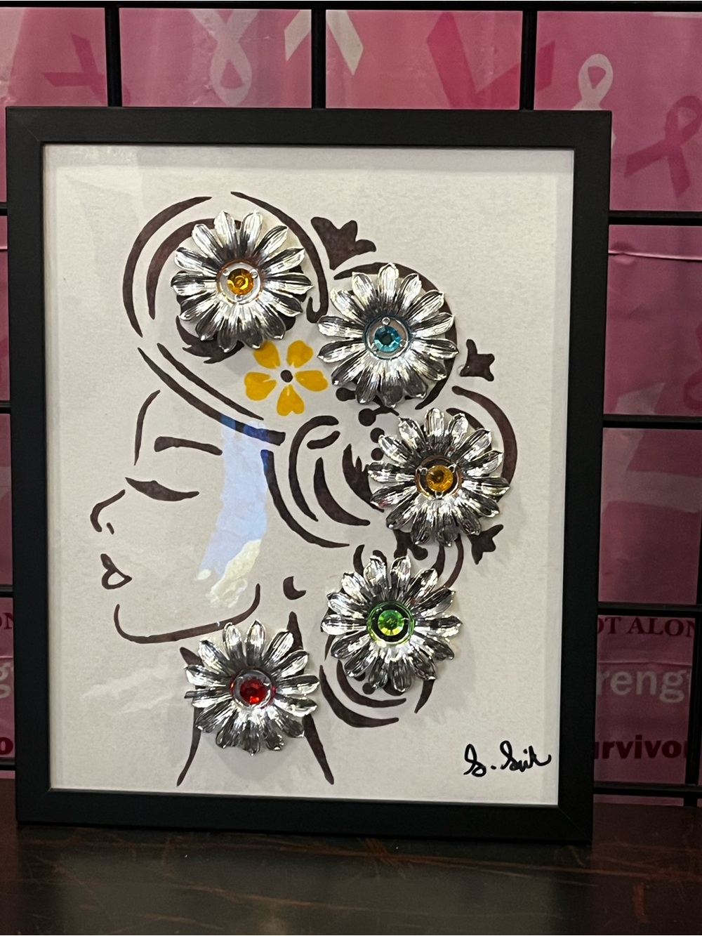 Hand Crafted Silver Floral Head Profile Wall Art with Multicolor Gems - Picture 11 of 11